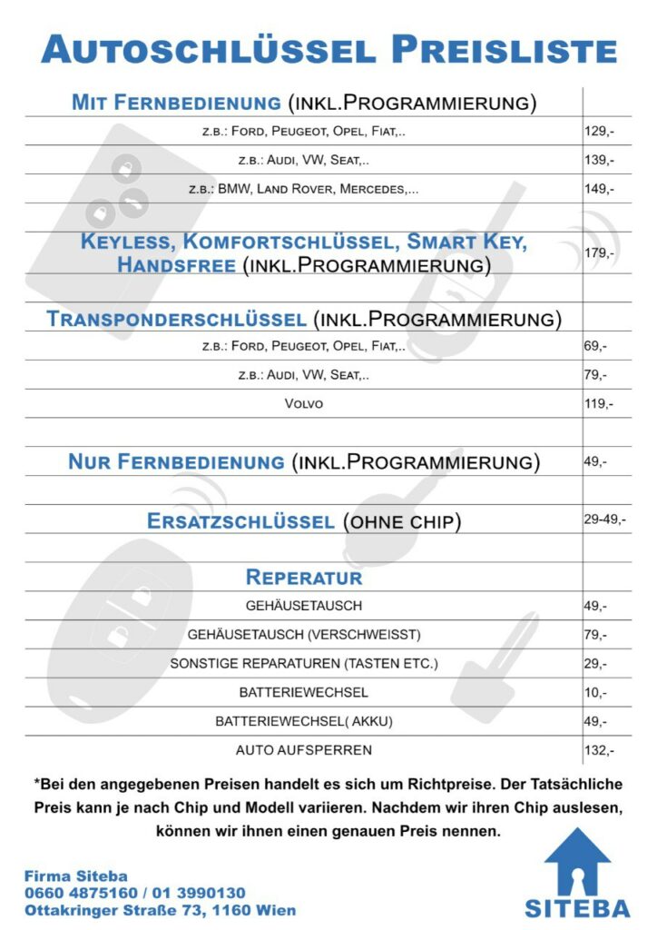 Autoschlüssel Preisliste